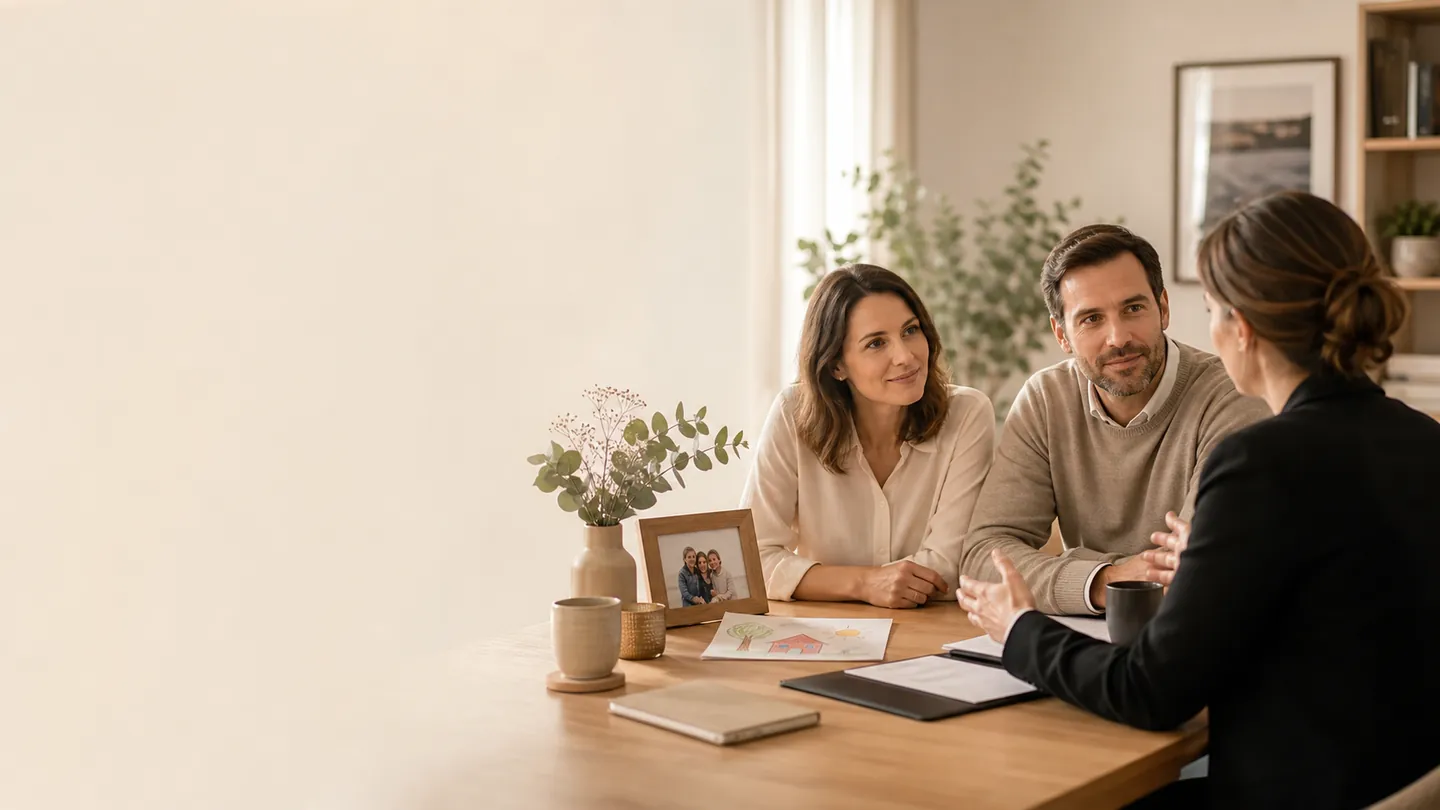 Conseillère patrimoniale échangeant avec un couple autour de leurs projets de vie